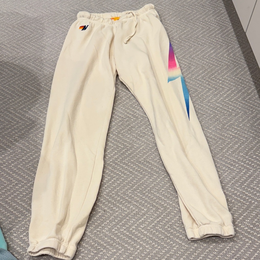 Aviator Nation Kids Cream Joggers with Colorful Stripe